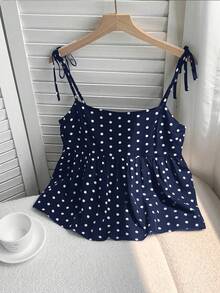 Comfortcana 藏蓝色波点A字休闲加大码无袖吊带背心，适合春夏穿着 - 藏蓝色 - 查看 3