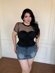 Vibekara Women's Black Polka Dot Patchwork Cropped Top, Sexy Mesh Sheer See-Through T-Shirt - Black - View 4