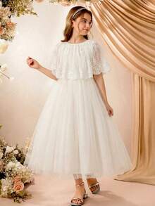 White Flared Mesh A-Line Long Dress For Tween Girls Elegant Round Neck Special Occasion Dress With Flounce Sleeves White Elegant Dress Ivory Tween Dress White Dress For Girls Ivory Dress For Girls White Modest Dress For Tweens - White - View 1