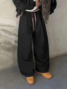 Manfinity Hypemode Men's Solid Color Drawstring Waist Casual Loose Pants Rave Spring To Summer Harajuku Pants - Black - View 1