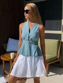 DAZY Women's V-Neck Sleeveless Waist Cinched Casual Denim Blouse, Summer - Light Wash - View 2