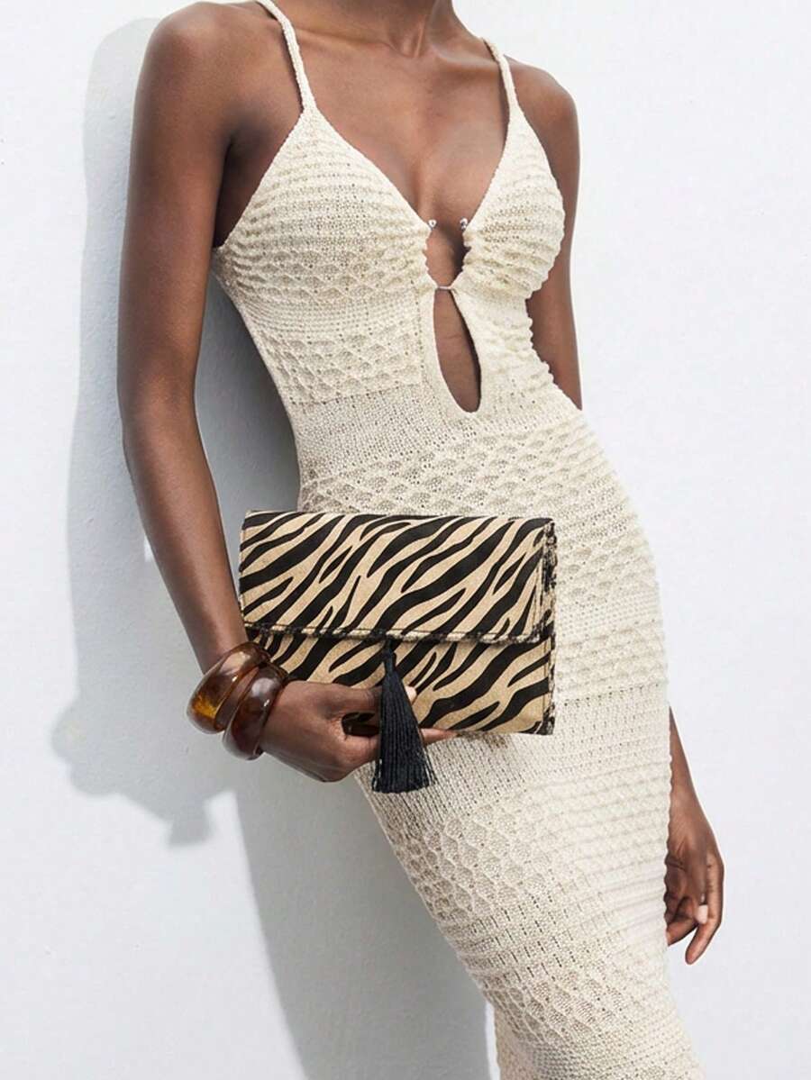 Maija Ladies Women Fashionable Simple And Elegant Classic Versatile Animal Pattern Zebra Pattern Fringed Design Clutch Bag, Suitable For Daily Vacation Parties