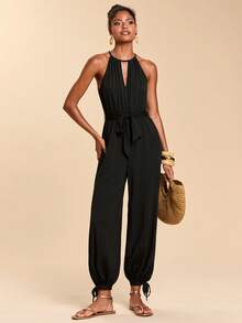 Travachic 女士纯色针织露肩连体裤，春夏款 - 黑色 - 查看 4