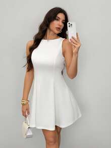 SHEIN Tall 女士纯色约会之夜A字无袖修身优雅连衣裙，适合秋季、夏季穿着，可作下午茶会礼服或白色毕业礼服。 - 白色 - 查看 8