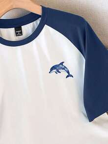 Manfinity Joysei Navy Blue & White Contrast Dolphin Print Men's Raglan Sleeve T-Shirt