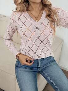 Louniche Rhombus Hollow Out Loose Fit V-Neck Long Sleeve Casual Knit Sweater For Women, Spring/Summer - Camel - View 6
