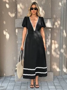 Pariaura French Retro Waist Cinched Long Dress/V-Neck Waist Cinched For Date & Commute/Puff Sleeves/Elegant Dress - Black - View 3