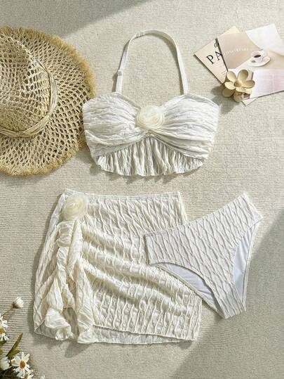 SHEIN Tween Girls 3 PiecesTextured Knit Floral Spaghetti Strap Bikini Swimsuit Set, Suitable For Beach, Vacation, Hawaii