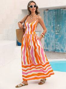 Vivid Eden Đầm đi biển cổ chữ V hở lưng, eo thắt, vạt rộng cho nữ - màu xanh lá - Xem 8