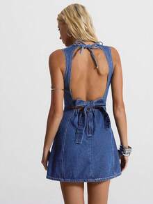 Jeanoix Đầm denim nữ màu trơn, hở lưng, thắt nơ, không tay, kiểu dáng thường ngày. - Rửa nhẹ - Xem 4