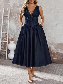 EMERY ROSE Mature Denim 女士纯色V领宽肩带系带休闲褶皱时尚牛仔连衣裙 - 藍色 - 查看 6