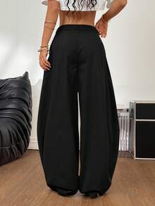 SHEIN Tall CURVE Quần ống rộng xếp ly màu trơn dáng rộng thoải mái dành cho nữ cỡ lớn - màu đen - Xem 3