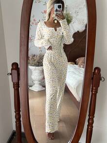 CottageSlumber Conjunto de pijama de manga larga con cuello cuadrado, encaje y estampado floral romántico con botones, estilo Cottage Slumber - Amarillo - Ver 5