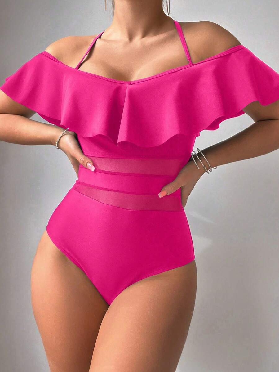 SHEIN Swim 女士纯色露肩吊带荷叶边下摆时尚度假沙滩连体泳衣 - 粉色 - 查看 1