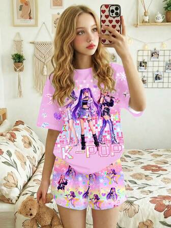 Tween Girl Casual Cartoon Character Print Round Neck Short Sleeve T-Shirt And Shorts Pajama Set, Suitable For Summer