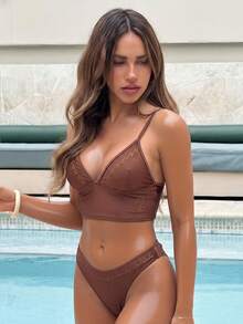 Bonvoyette Brown Embroidered Casual Women's Camisole & Tankini Swimsuit Set - Brown - View 9