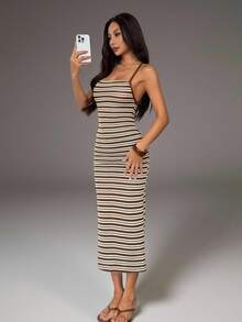 SHEIN PETITE 女士时尚度假休闲吊带连衣裙 - 咖啡 - 查看 4