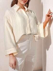 Veilorie Plus Size Women's Casual Basic Button-Down Long Sleeve Shirt - Apricot - View 5