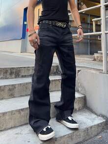 ROMWE MEN Men's Straight Leg Loose Casual Jeans With Pockets Spring/Summer - Black - View 3