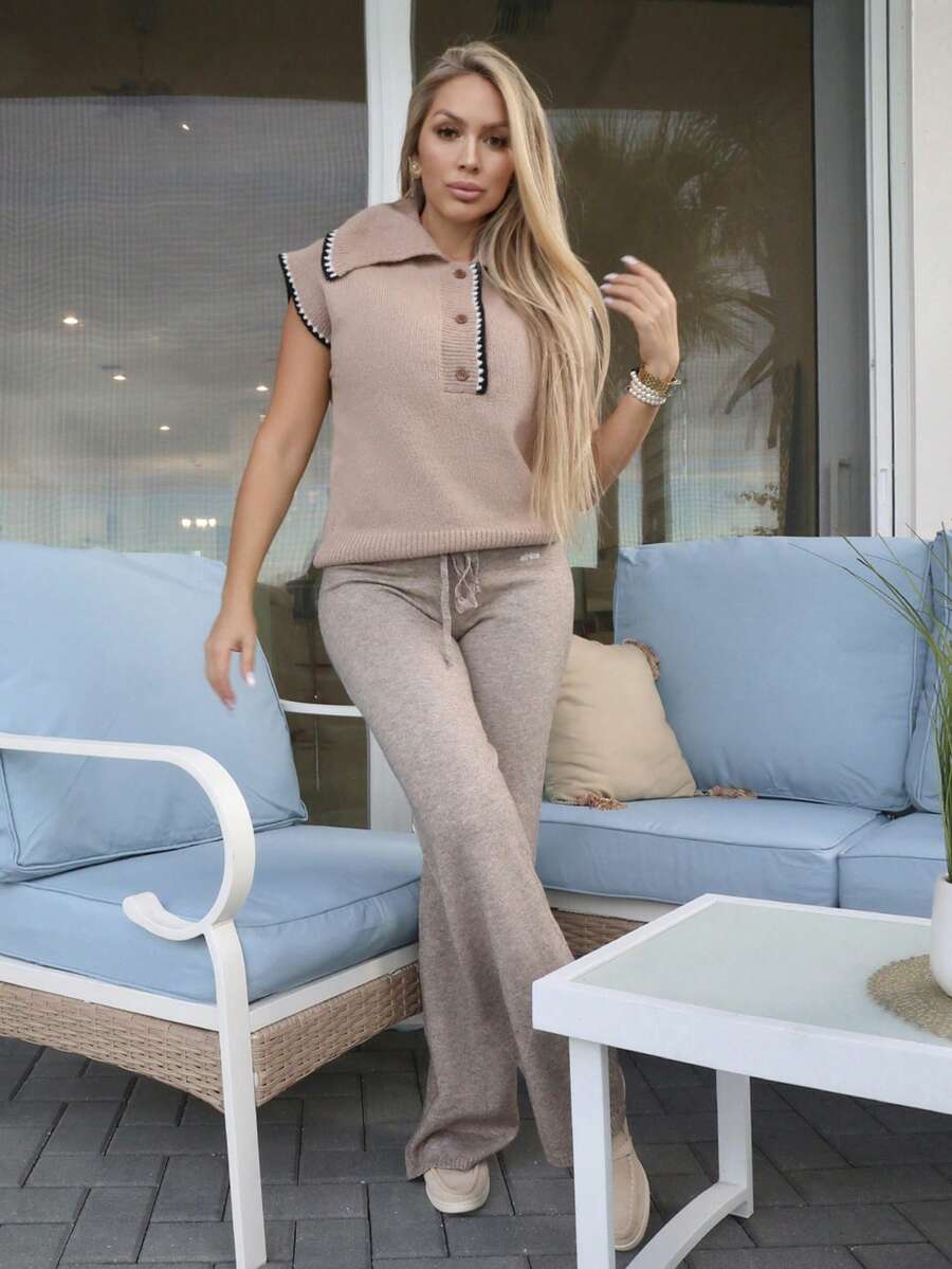 Cioccolato Women's Floral Trim Polo Collar Casual Loose Knit Vest - Apricot - View 1