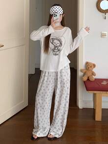 DAZY Cartoon Print Loose Women Pajama Set, White - White - View 4