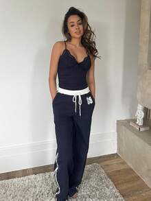 RebeccaVibe 条纹拼接印花低腰直筒系带女式运动长裤 - 藏蓝色 - 查看 6