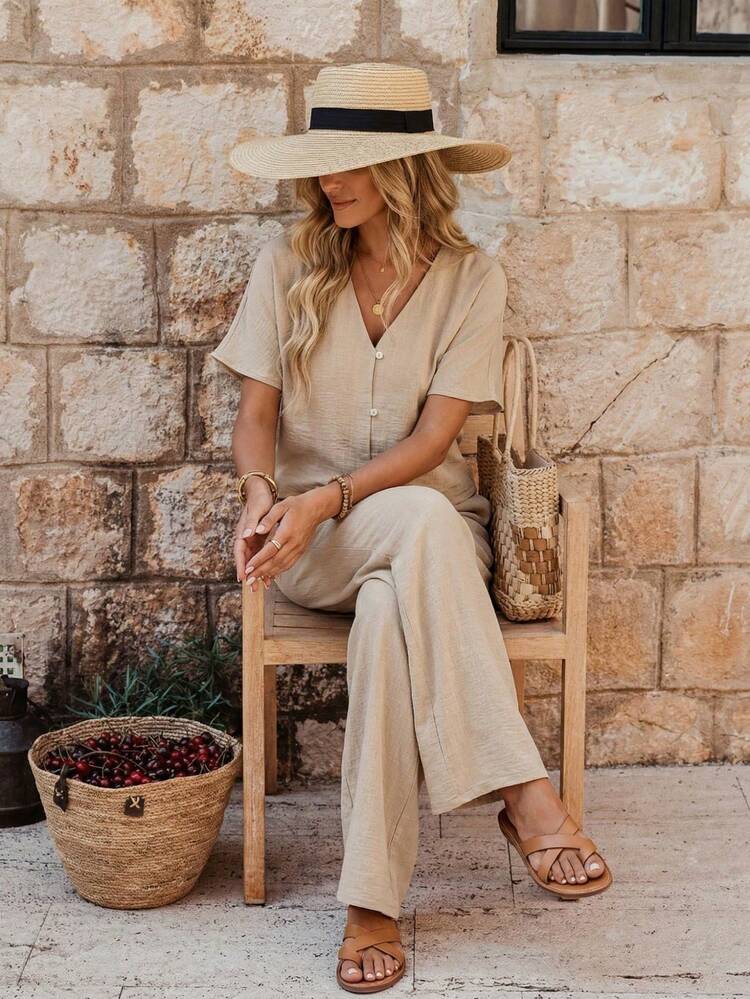 Women's Summer Casual Solid Color V-Neck Batwing Sleeve Button Front Top And Loose Wide Leg Pants 2 Pieces Set Co Ord Set Summer Two Pieces Pant Set Women Summer Two Pieces Set Lounge Sets For Women Sets 2 Pieces Women Matching Sets Women Set 2 Pieces Set