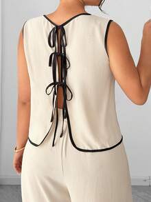 Elenzga Damen Große Größen Sommer Neu Beige Kontrastbesatz Ärmellos Rückenfreie Krawatte Weste und Weite Bein Hose Lässig Komfortabel Minimalistisch Zweiteiler. Geeignet für Alltag Lässig, Pendeln, Urlaub/Ausflug, Zuhause, Dating - Aprikosenfarben - Übersicht 6
