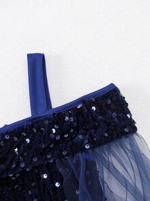 Glamorique Kids 年轻女孩优雅迷人可爱酒红色吊带露肩薄纱收腰鱼尾连衣裙，正式礼服 - 藏蓝色 - 查看 4