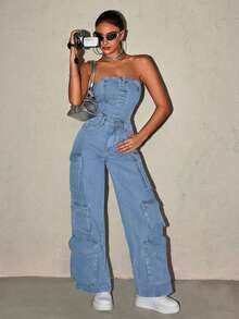 SHEIN ICON Women's Summer Casual Flap Pocket Denim Jumpsuit - Blue - View 3