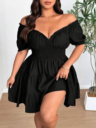 SHEIN CURVE+ Plus Size Short Sleeve Casual Waist Cinching Slimming Versatile Youthful Elegant Dress