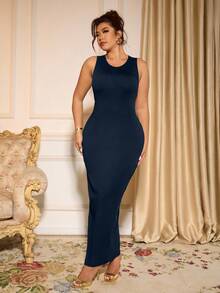 Cravure Robe camisole ajustée décontractée à col rond de couleur unie pour grandes tailles - bleu indigo - Voir 6