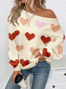 EMERY ROSE 女士休闲露肩毛衣 - 秋冬装。复古米色和粉色爱心图案，大地色系。适合休闲外出、度假、居家穿着，打造波西米亚风情，也是馈赠佳品，情人节礼物之选。 - 彩色 - 查看 2