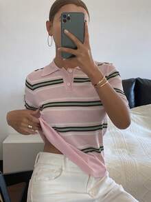 DAZY Women's Contrast Stripe Fitted Short Sleeve Polo Collar Casual Lightweight Knit Sweater Top, Spring/Autumn - Pink - View 6
