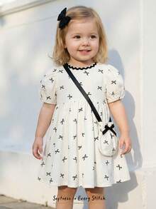 Cozy Pixies 2pcs/Set Baby Girl Bow Decor Round Neck Puff Sleeve Waist Tie Dress & Crossbody Bag,White And Black Summer Cute Family Matching Cotton Toddler Dress - Apricot - View 7