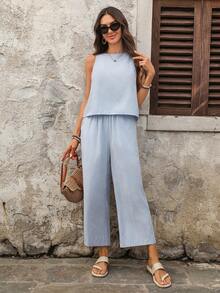 EMERY ROSE 女士休闲度假条纹印花无袖上衣和阔腿裤两件套 - 藍色 - 查看 7