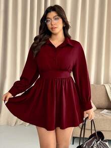 Vionelle 大码纯色收腰长袖梭织衬衫领连衣裙，秋冬款 - 酒紅色 - 查看 1