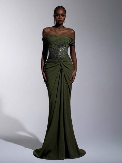 Elitara Elegant Vintage Luxury Off-Shoulder Off-Shoulder Sequins Embroidered Chiffon Pleated Design Fishtail Hem Maxi Dress, Suitable For Festivals, Weddings, Galas, Concerts, Business Events, And Social Media Influencer Occasions