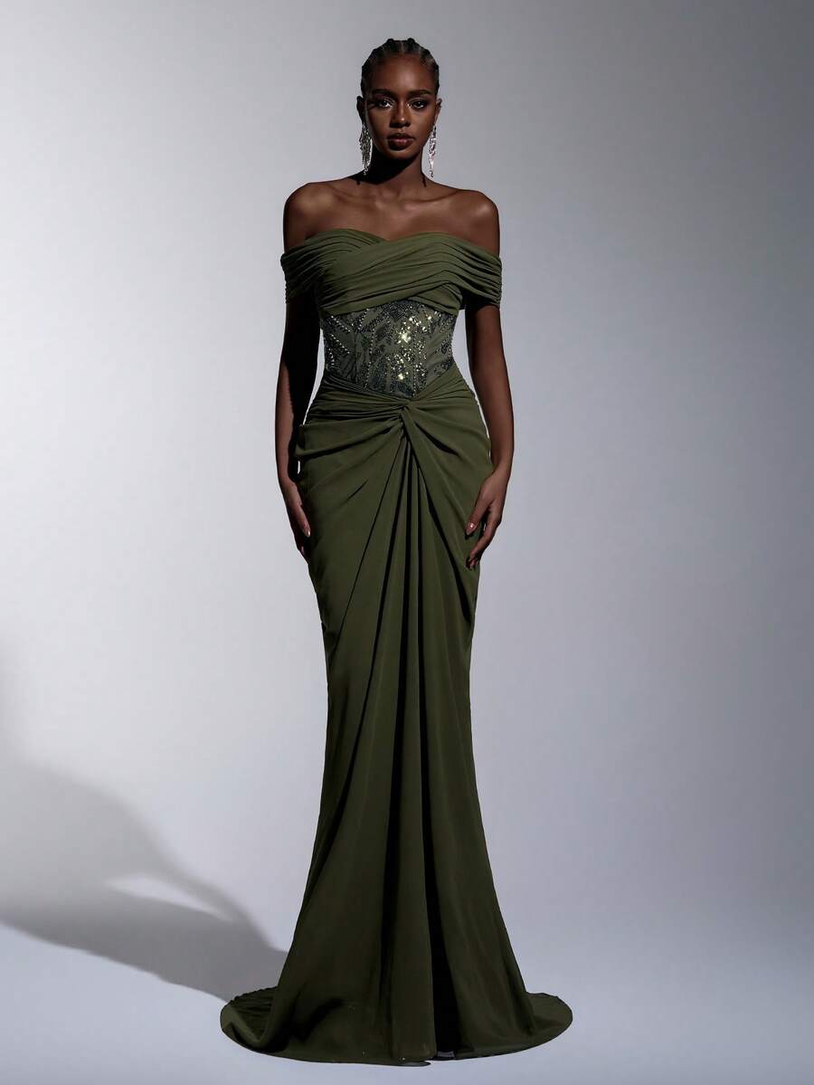 Elitara 优雅复古奢华露肩亮片刺绣雪纺褶皱鱼尾下摆长裙，适合节日、婚礼、晚宴、音乐会、商务活动和社交媒体达人场合。