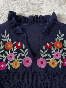 SHEIN LUNE Women's Casual Versatile Blouse, Solid Color Textured V-Neck Embroidered Flutter Sleeve Top, Spring/Summer - Navy Blue - View 3