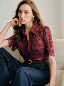 Anewsta 女士优雅蕾丝性感活力时尚镂空短袖上衣，春夏款 - 酒紅色 - 查看 1
