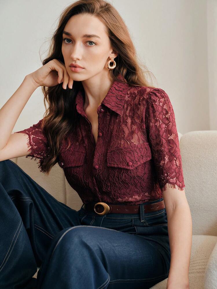 Women's Elegant Lace Sexy Energetic Fashion Hollow Out Short Sleeve Blouse, Spring/Summer