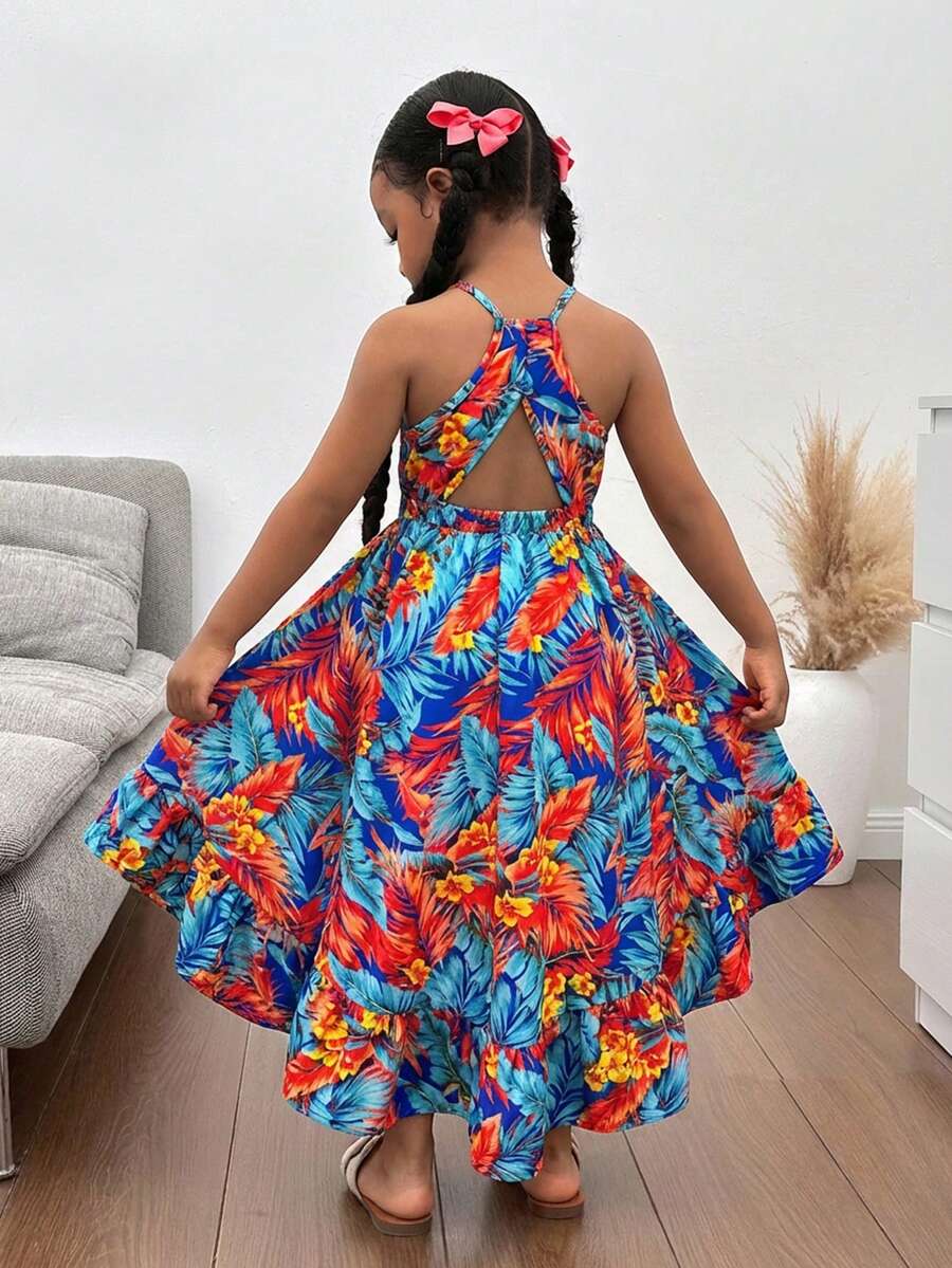 Đầm không tay cổ yếm in hoa thanh lịch tối giản dành cho bé gái - Nhiều màu - Xem 1