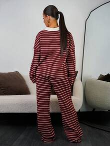 SAYEHFBABY 女款2件套寬鬆條紋V領落肩長袖T恤與鬆緊腰條紋長褲，冬季毛衣套裝，秋冬聖誕紅新年居家休閒套裝，舒適居家服條紋套裝，聖誕家庭睡衣，秋季女款休閒服 - 紅色 - 查看 2