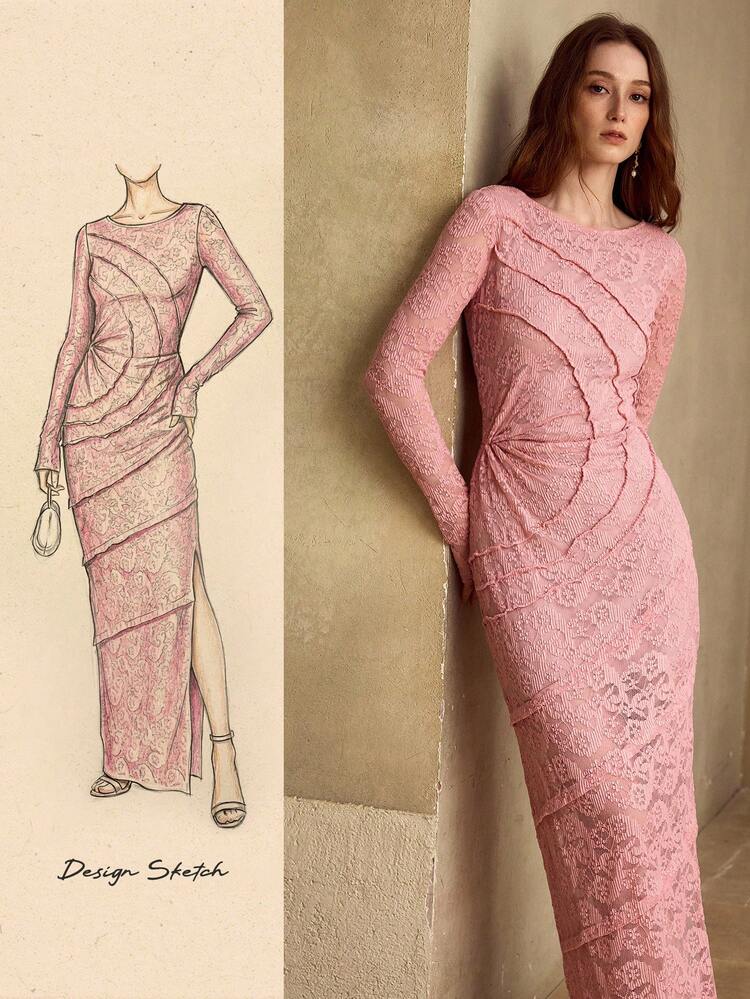 ROBE FENDUE FRONCÉE EN DENTELLE, PRINTEMPS/ÉTÉ