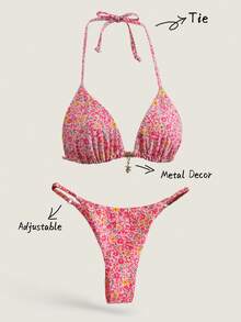 Elavelle Bộ đồ bơi bikini gợi cảm có dây mảnh họa tiết hoa và kim loại mùa xuân dành cho nữ - Nhiều màu - Xem 1