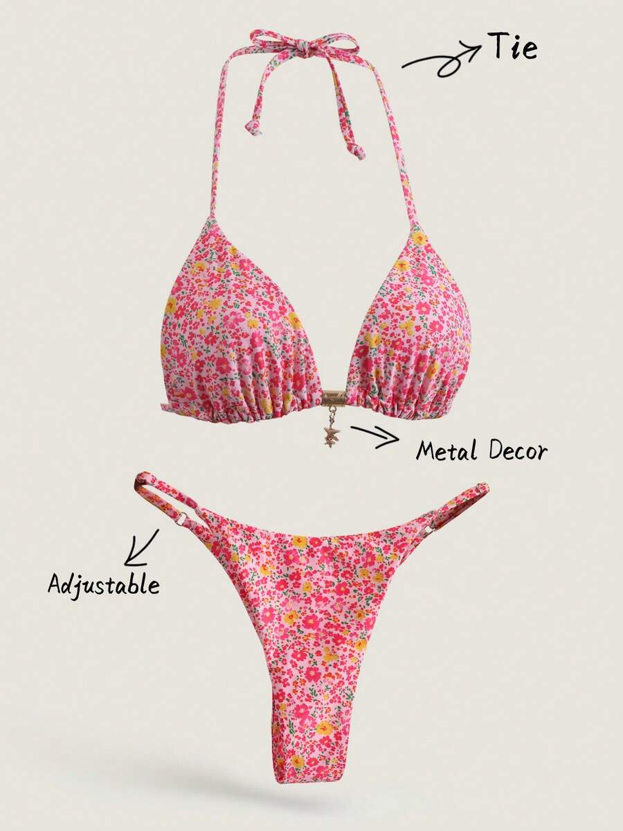 Elavelle Bộ đồ bơi bikini gợi cảm có dây mảnh họa tiết hoa và kim loại mùa xuân dành cho nữ - Nhiều màu - Xem 1