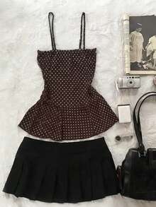 Noixe 女士荷叶边腰部撞色波点印花吊带背心 - 酒紅色 - 查看 2