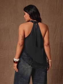 Rustia Plus Size Elegant Satin & Lace Patchwork Asymmetrical Blouse - Black - View 2