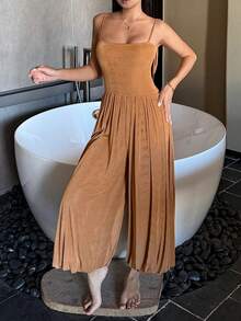 Women's Charming Tie Shoulder Bandeau Waist Jumpsuit Pajamas - Brown - View 6